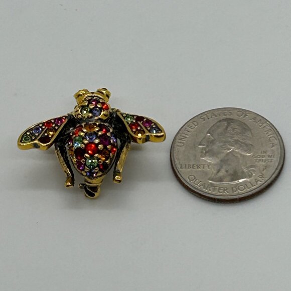 Joan Rivers Signed Bee Brooch Jewel Tone Rhinestone Vintage Gold Tone Insect Pin - Picture 10 of 11